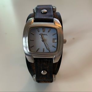 Leather and sterling silver Fossil watch